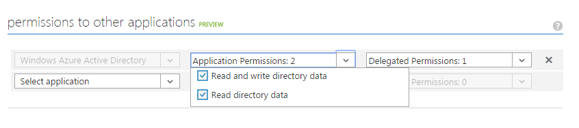 Screenshot of the application permissions filed where Read and write directory data permission is selected.