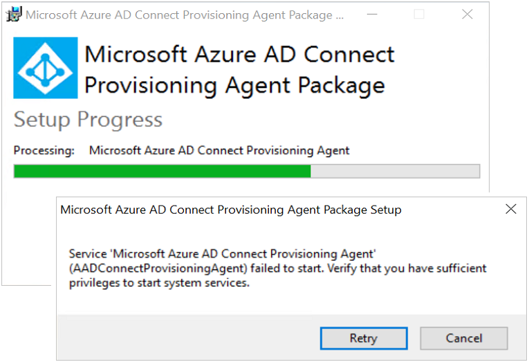 Screenshot of error when installing Microsoft Azure AD Connect Provisioning Agent, about how the Connect Provisioning Agent service failed to start.