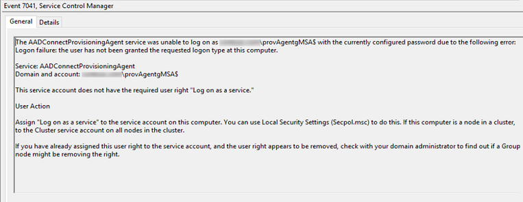 Screenshot of the Event 7041, Service Control Manager window. It notes that the service account doesn't have the required user right.