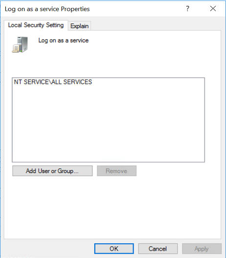 Screenshot of the Local Security Setting tab in the 'Log on as a service Properties' window. The 'NT SERVICE\ALL SERVICES' group should be present.