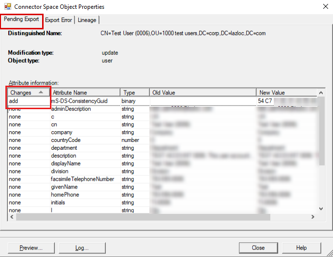 Screenshot of the Attribute information table, Pending Export tab, Connector Space Object Properties dialog box, Synchronization Service Manager app.