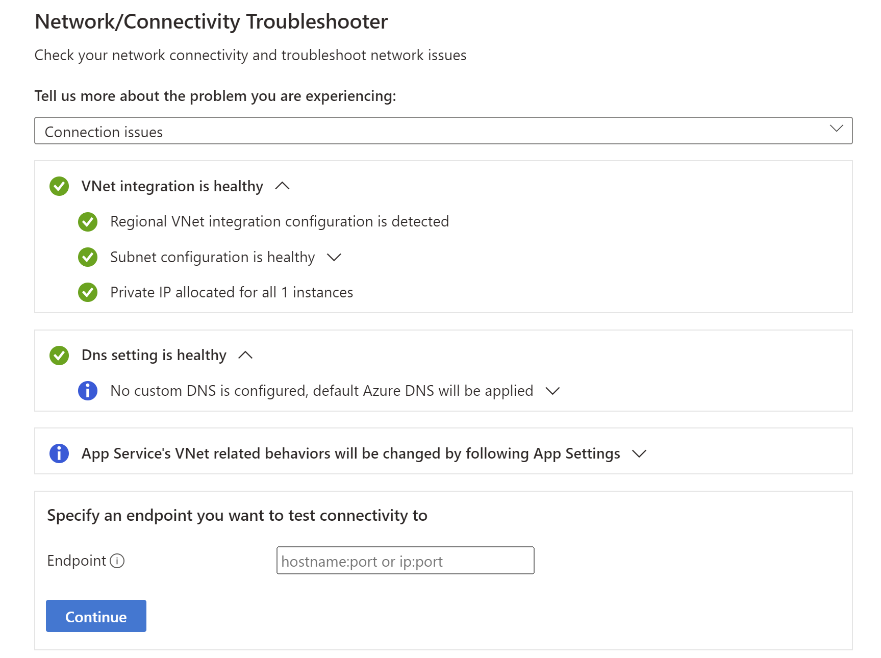 Screenshot that shows run troubleshooter for connection issues.