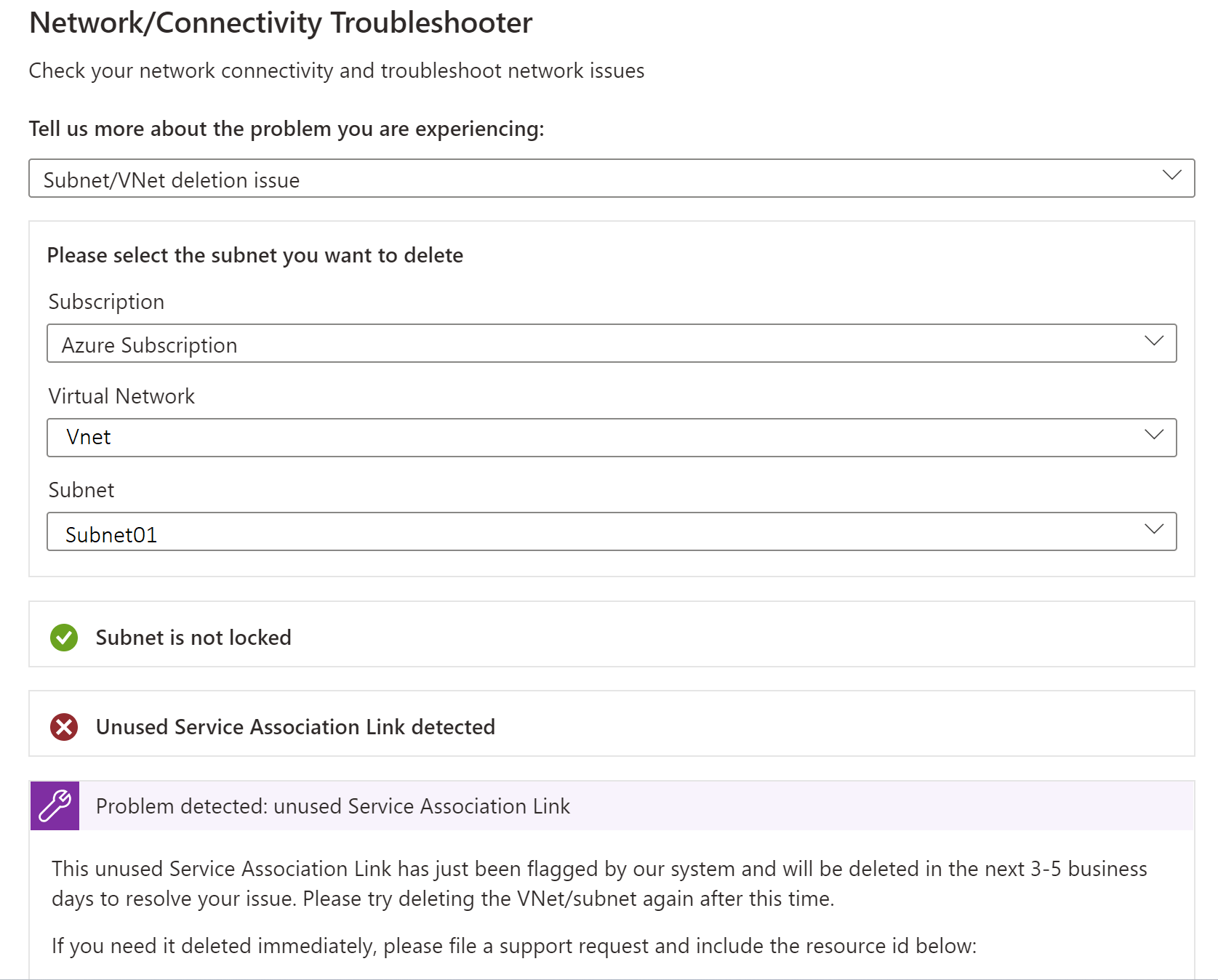 Screenshot that shows how to run troubleshooter for subnet or virtual network deletion issues.
