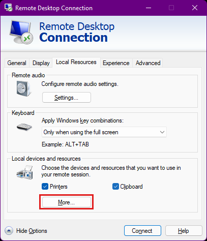 Screenshot of the Remote Desktop Connection dialog box, with the Local Resources tab selected and the More button highlighted.