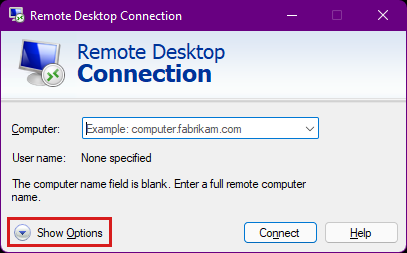 Screenshot of the Remote Desktop Connection dialog box, with the Show Options expandable button highlighted.