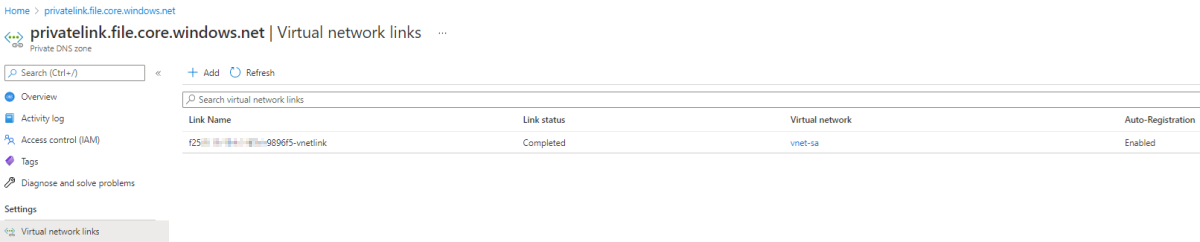 Screenshot shows a virtual network link that's added to the storage account.