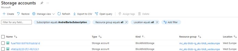 Screenshot that shows how to search a storage account.