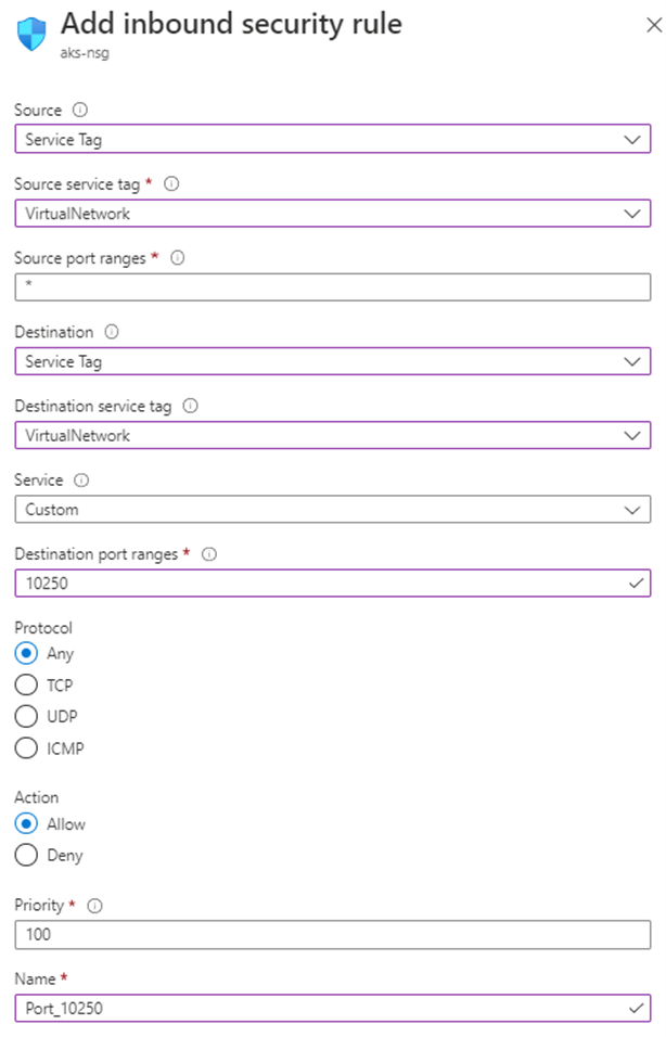 Screenshot of the Add inbound security rule pane in the Azure portal. The Destination port ranges box is set to 10250 for the new security rule.