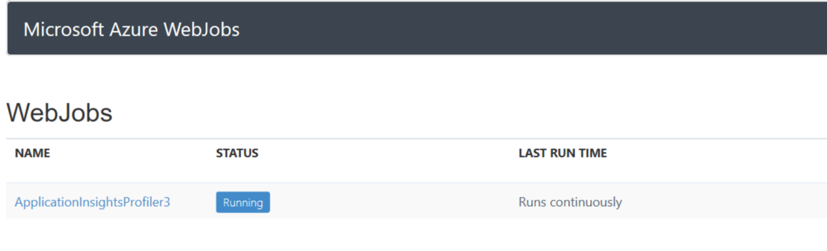 Screenshot of the WebJobs pane, which displays the name, status, and last run time of jobs.