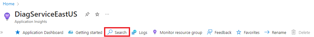 Screenshot of selecting the search button from the Application Insights resource.