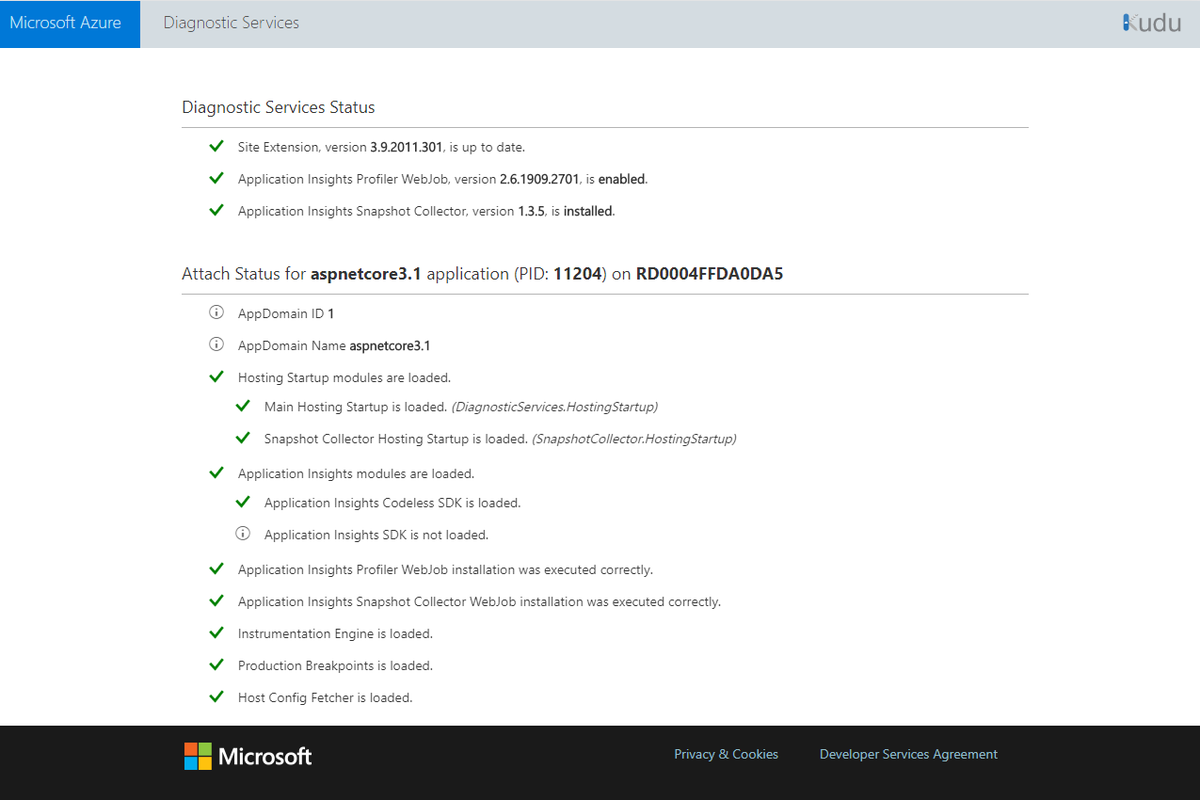 Screenshot of the Diagnostic Services Status Page.