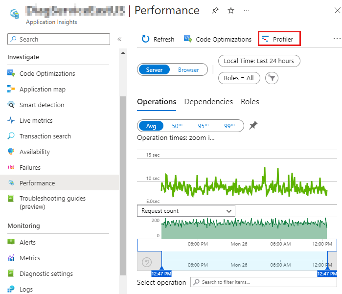 Azure portal screenshot that shows how to navigate to the Application Insights Profiler.