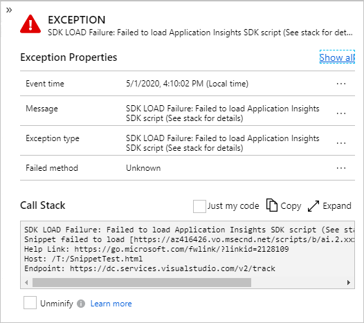 Azure portal screenshot of the 'SDK LOAD Failure' exception. Details include the call stack, event time, message, exception type, and failed method.