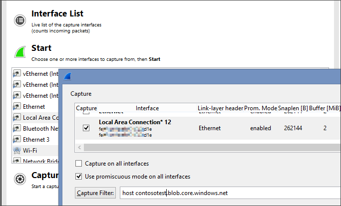 Screenshot that shows how to add a filter to the Capture Filter textbox.