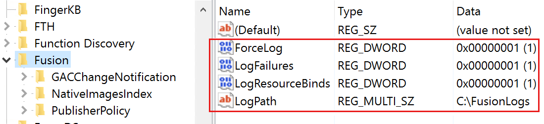 Screenshot shows the registry keys under Fusion.