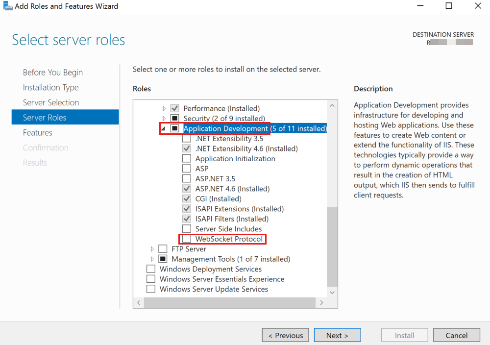 Screenshot of the Add Roles and Features Wizard that shows the WebSocket protocol status.