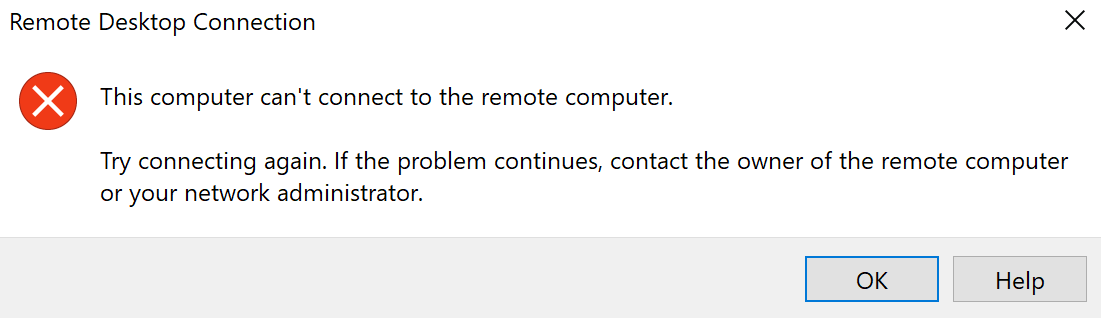 Screenshot of the Remote Desktop connection error message.