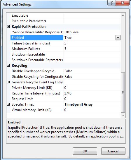 Screenshot of the application pool Advanced Settings dialog box, Rapid-Fail Protection section.