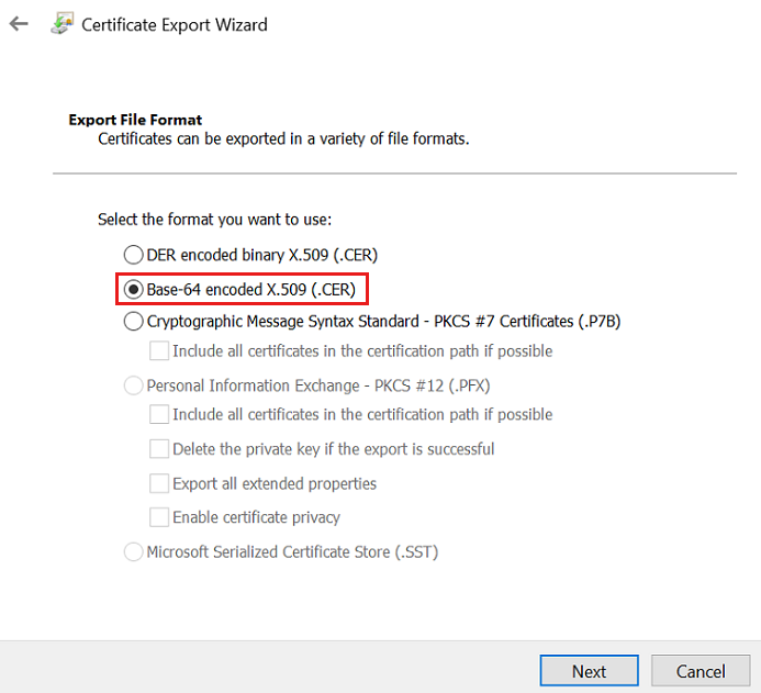 Selecting file format on the Certificate Export Wizard.