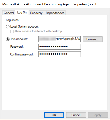 Screenshot of the 'Log On' tab of the Microsoft Azure A D Connect Provisioning Agent window, including the account and password entries.
