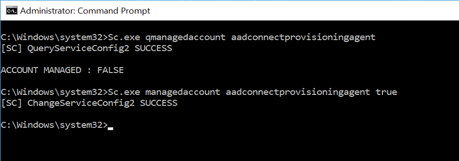 Screenshot of the output for the S c . e x e command, showing the account-managed status as false.
