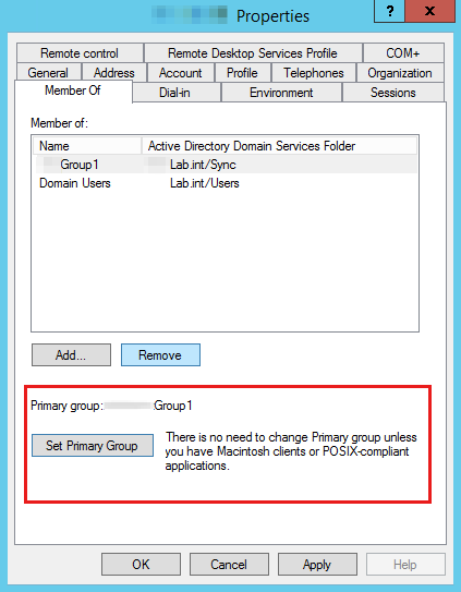 Screenshot shows that Microsoft Entra Connect doesn't support the primary group functionality.