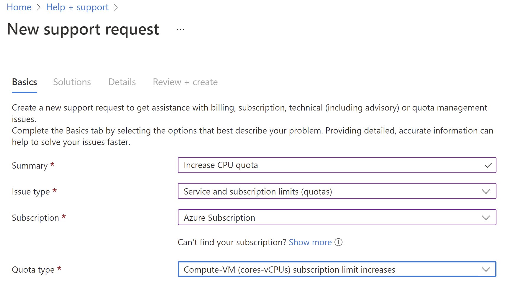Screenshot of the New Support Request information under Basics tab.