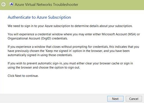 Screenshot of the Authentication to Azure Subscription page.