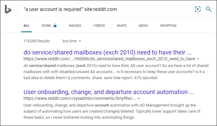 Screenshot of Reddit search results.
