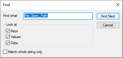 Screenshot of the File_Spec_Path path in find what box.