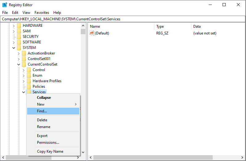 Screenshot of the find option under services in Registry Editor.