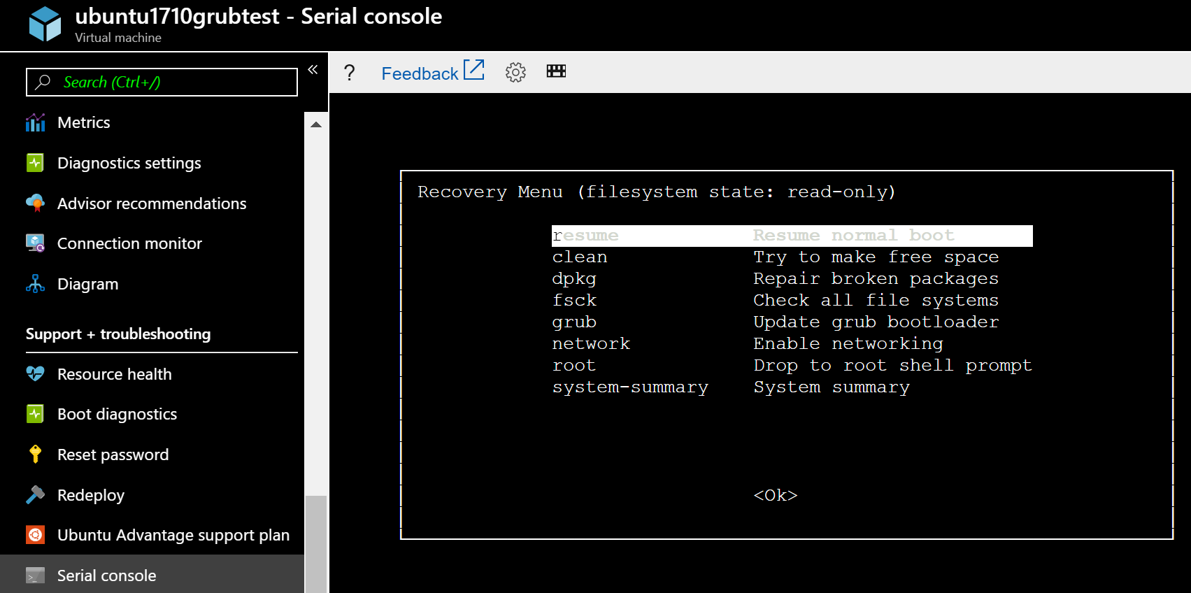 Screenshot shows the Serial console at the Recovery Menu, which offers additional recovery options.