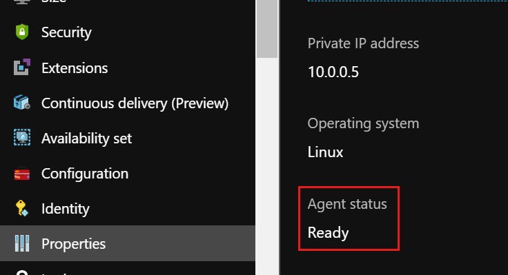 Screenshot of the Agent status in the Properties page in Azure portal.