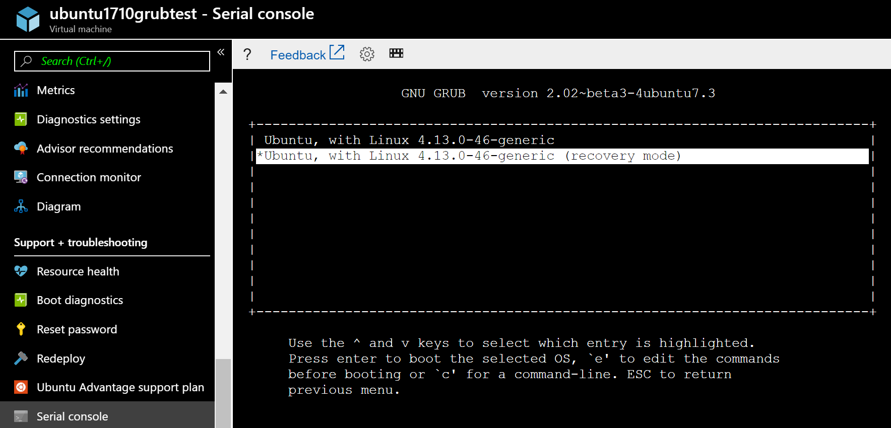 Screenshot shows the Serial console with a recovery mode version selected.