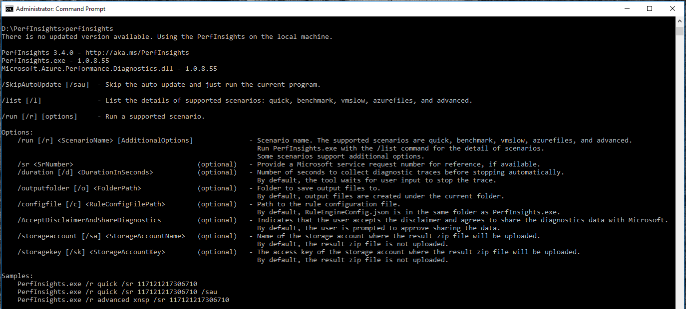 Screenshot of PerfInsights commandline output.
