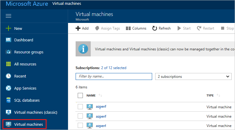 Screenshot of Azure portal, with Virtual machines highlighted.
