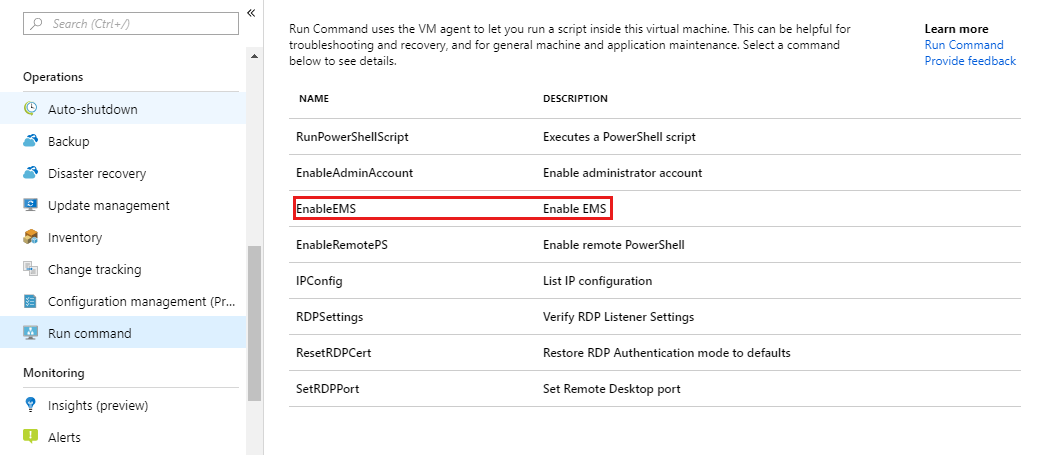 Screenshot of the Run command page of the Azure portal, with EnableEMS command highlighted.