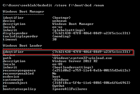 Screenshot shows the output of an example of the command in CMD, which displays Windows Boot Manager with the identifier.