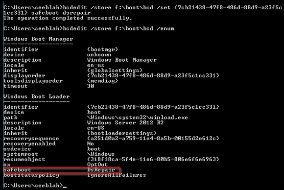 Screenshot shows the output of the query command after enabling the safeboot DsRepair flag.