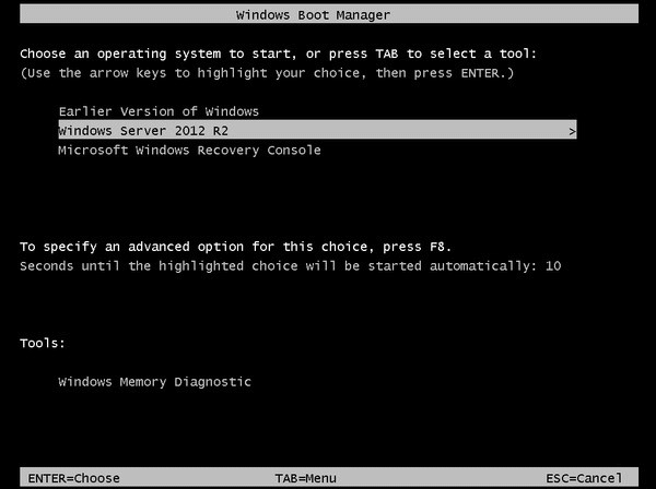 The Windows Boot Manager screen states Choose an operating system to start, or press TAB to select a tool.
