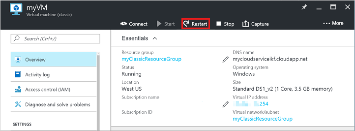 Screenshot of the Restart button in the Overview tab in Classic deployment model.