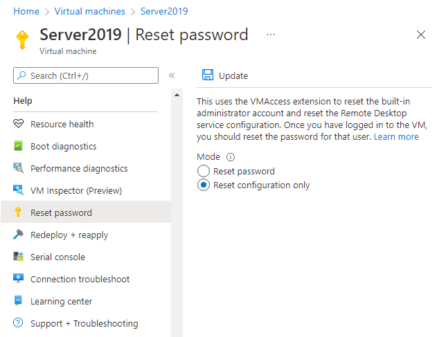 Screenshot of the Mode setting window of the Reset password tab, in which the Reset configuration only option is selected.