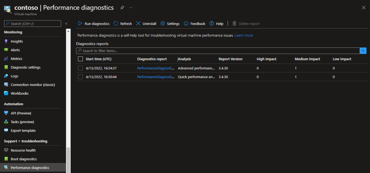 Screenshot of performance diagnostics report.