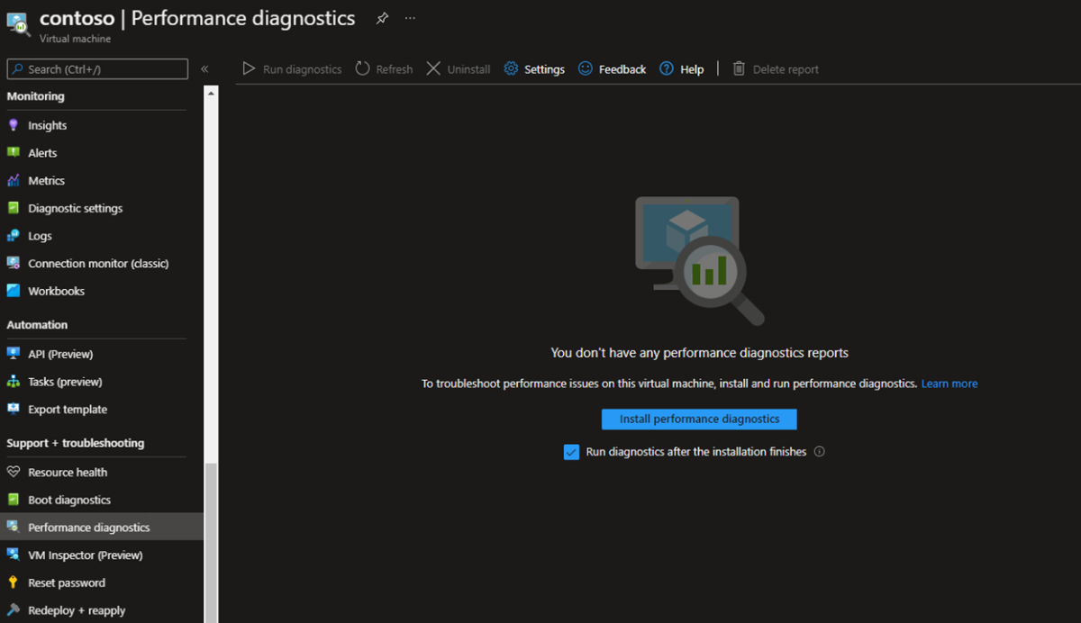 Screenshot of Install performance diagnostics option.