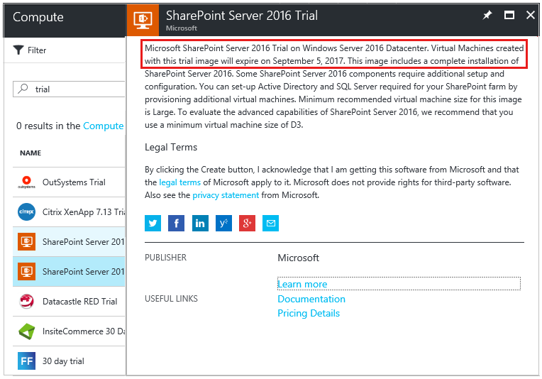 Screenshot shows the trial period information of SharePoint Server 2016 in Azure Marketplace.