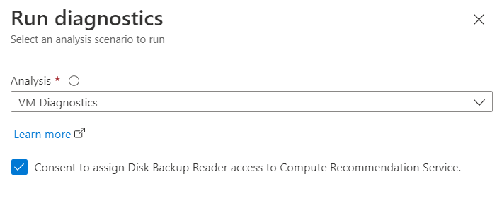 Screenshot of the Run diagnostics page. The option is set for 'Consent to assign Disk Backup Reader access to Compute Recommendation Service.'