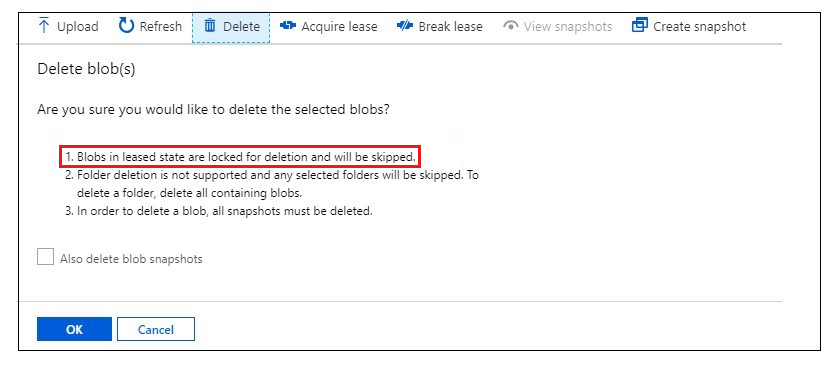 Screenshot of the Delete blobs dialog, saying Blobs in leased state are locked for deletion and will be skipped.
