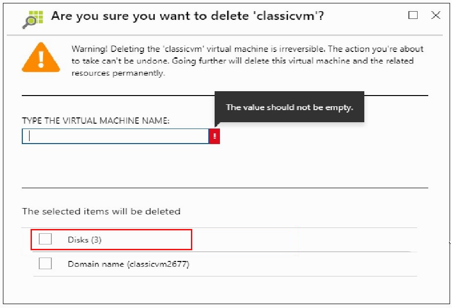 Screenshot shows a dialog box to confirm deletion of a virtual machine.