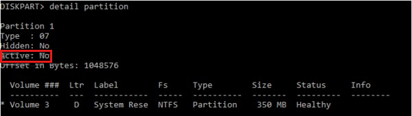 The diskpart window with output of the detail partition command when Partition 1 is set to Active No.