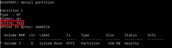 The diskpart window with output of the detail partition command when Partition 1 is set to Active Yes.